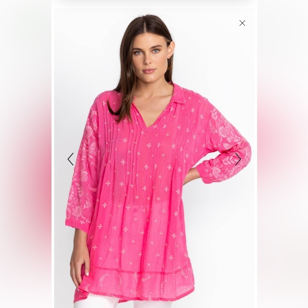 New Johnny Was Marti Vera Embroidered Relaxed Fit Tunic Top Hot Pink Size Xs